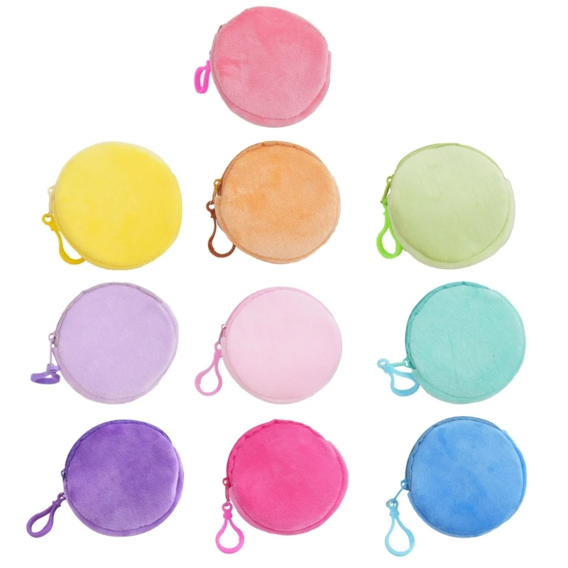 Adult Kids Mini Plush Round Coin Purse Solid Candy Color Keychain Wallet Charging Cable Headphone Storage Bag Keyring Ornament