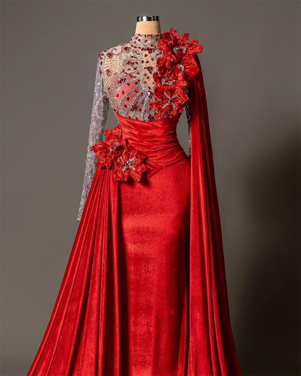 

Customized Luxury Red Velour Evening Dresses Temperament O-Neck Long Sleeves Flowers Prom Dress Luxury Bespoke Occasion Gowns