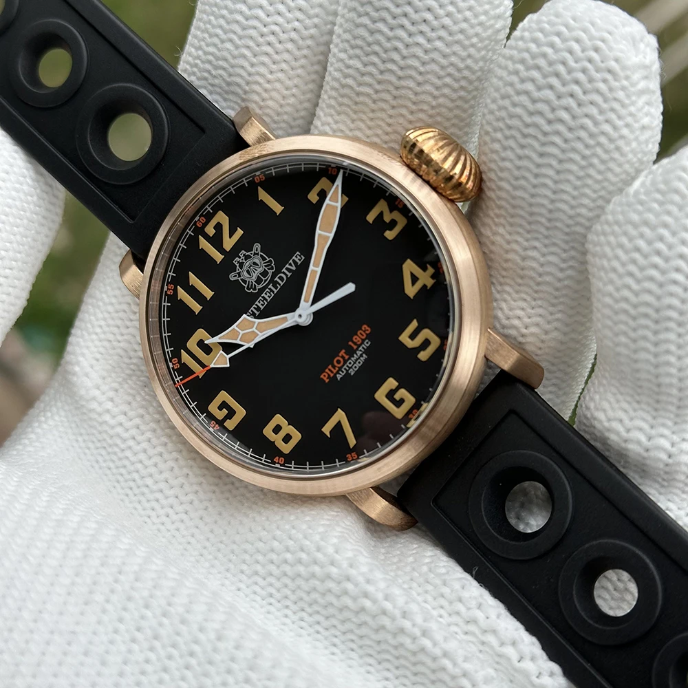 STEELDIVE Men Pilot Watch 46.5mm Bronze Military Automatic Mechanical Wristwatch Diver 200m Waterproof C3 Luminous Sapphire NH35