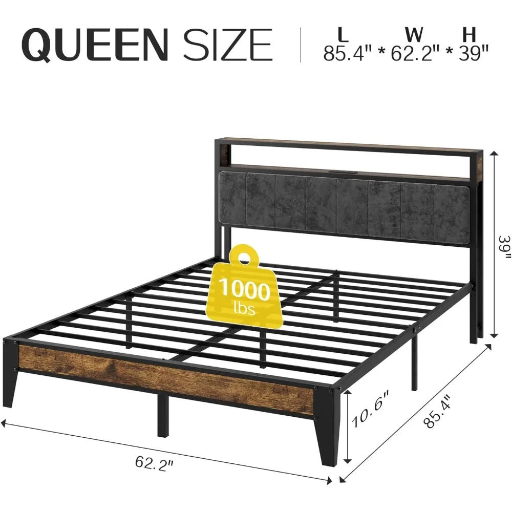 Bed Frame Metal Platform Bed with 2-Tier Storage & LED Light Headboard, Charging Station Type C, No Box Spring Needed