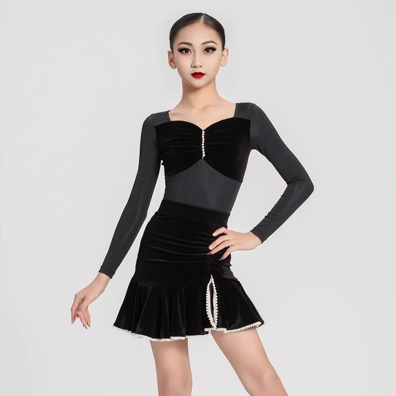 Latin Dance Kleid Mädchen Wettbewerb Kostüm Langarm Body Rüschen Tanz Rock Rosa Rumba Samba Bühne Kleidung Dancewear 1732