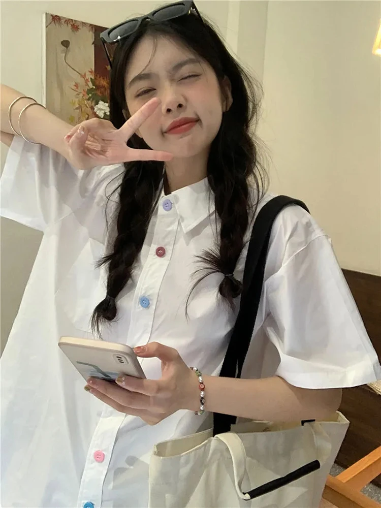 Jmprs Chic Rainbow Buttons Shirts Women Preppy Style Korean White Blouse Summer Short Sleeve Fashion Casual Lady Simple Tops New