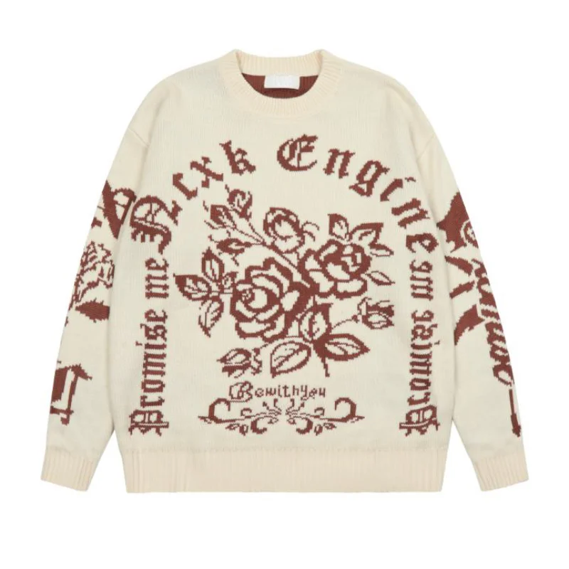 Harajuku Floral Pattern Knitted Pullover Jumper Sweaters Streetwear Hip Hop Casual Long Sleeve O-neck Knitwear Sweater Men Tops