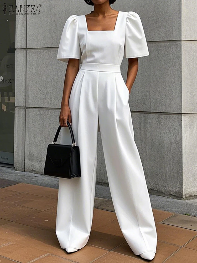ZANZEA Solid Elegant Jumpsuits ผู้หญิง Street แฟชั่นเดินทางเอวกางเกงขากว้าง Overalls แขนสั้นสแควร์คอ Rompers