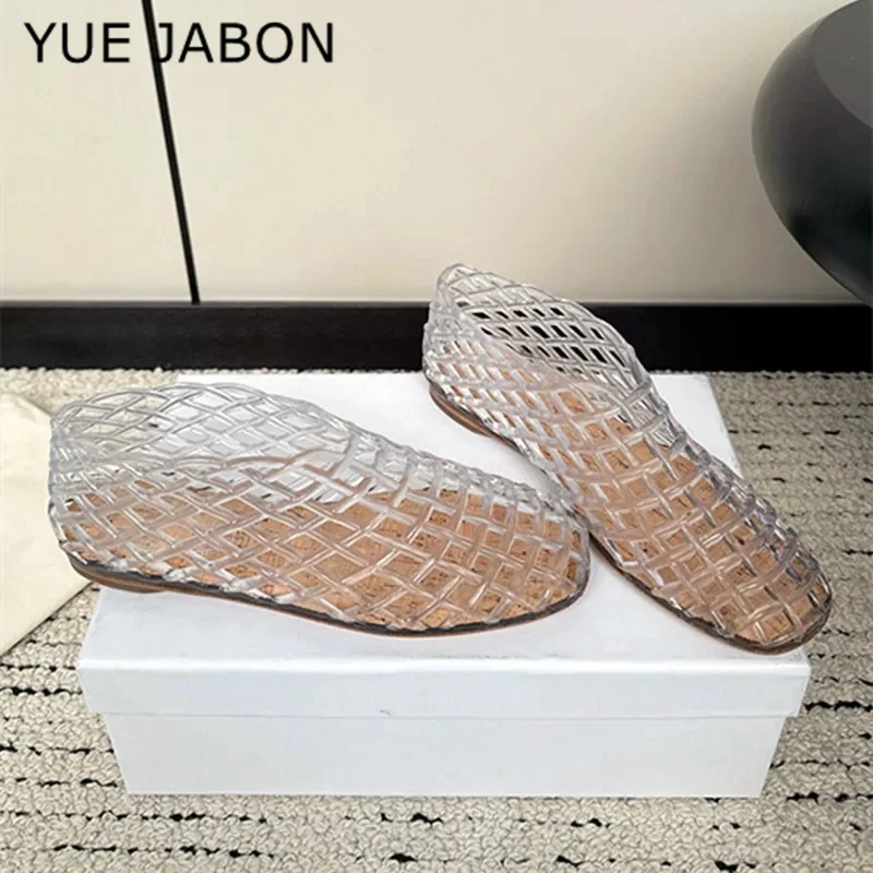 New Summer Plastic Jellies Single Shoes Women Woven Mesh Ballet Flats Sandals Round Toe Transparent Hollow Design Beach Shoes
