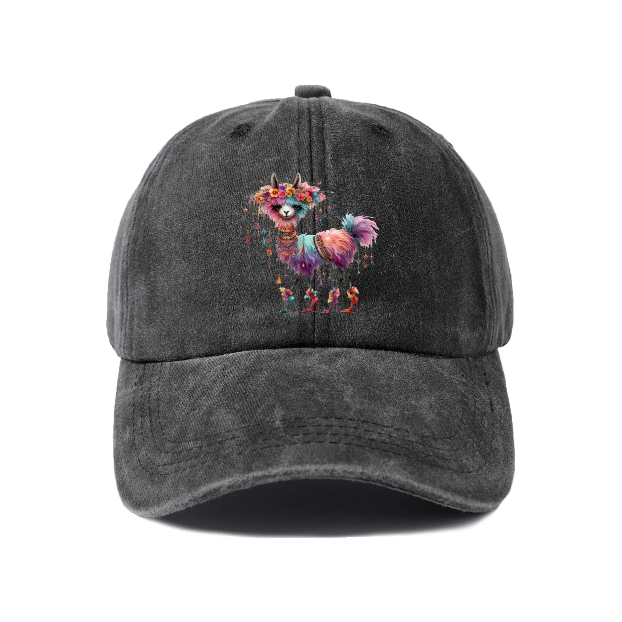 Colorful Floral Llama Graphic Vintage Washed Baseball Cap, Adjustable Unisex Dad Hat for Men and Women