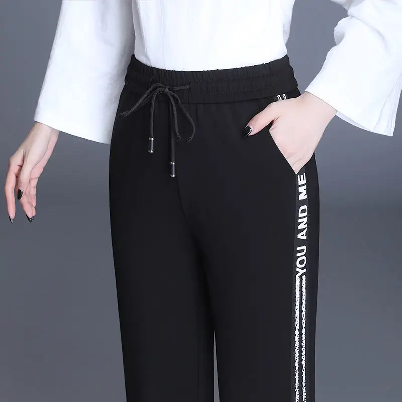 Fashion Women Solid Pencil Sweat Pants Spring Autumn Korean New Lace-up High Waist Elastic Pocket Slim Casual Straight Trousers