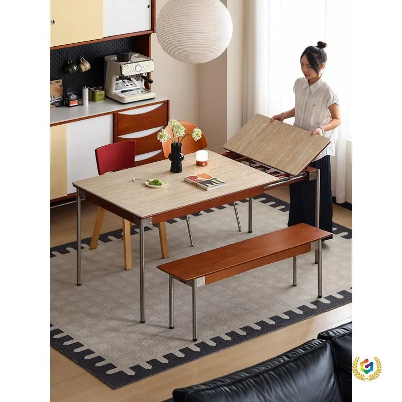Nordic Japanese travertine extendable sintered stone dining table, solid wood foldable small apartment dining table and chairs