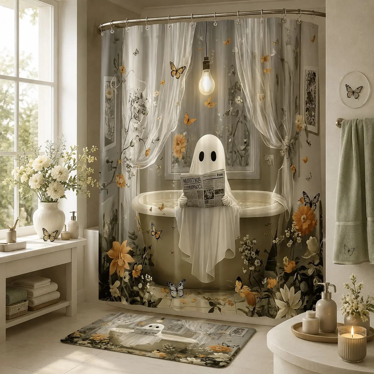 2D Flat, 2D Flat, 1pc Vintage Gothic Shower Curtain Measuring 70X70 Inches, Extra Long And Made from Machine Washable Polyester Fiber, Featuring Floral, Butterfly Comes with 12 Hooks, Perfect for Halloween And Romantic Bathroom Decor