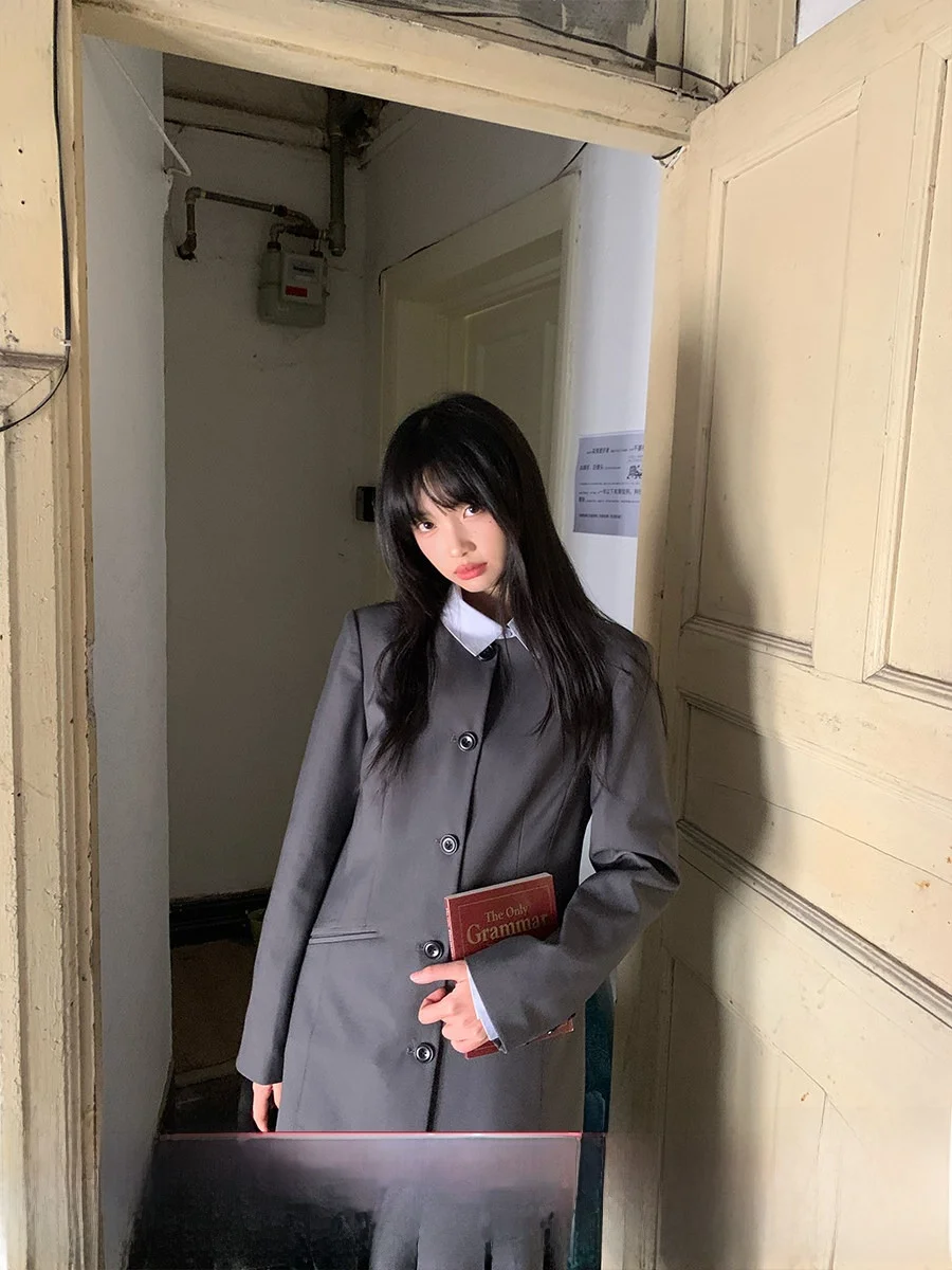 

Костюмный комплект с юбкой Slim Fit для женщин: деловой повседневный стиль, длинный рукав, круглый вырез, однотонный, на одной пуговице, китайское производство