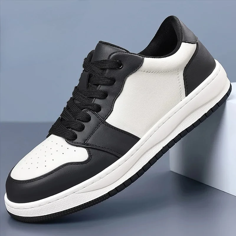 

New Men Genuine Leather Casual Shoes Fashion White Flat Skate Shoes Street Lace-up Sneaker