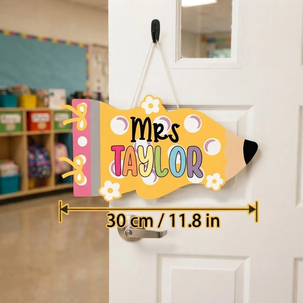 Custom Text Pencil Shaped Wooden Hanging Sign,Personalized Teacher Name Door Plaque,Flower Classroom Wall Decor Teacher Gift