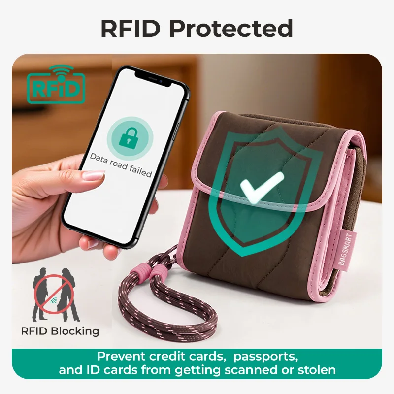 BAGSMART Wallets for Women RFID Protected Purse Zipper Wallet with Wrist Strap Coin Portable Multi-slot Credit Card Holder Cases