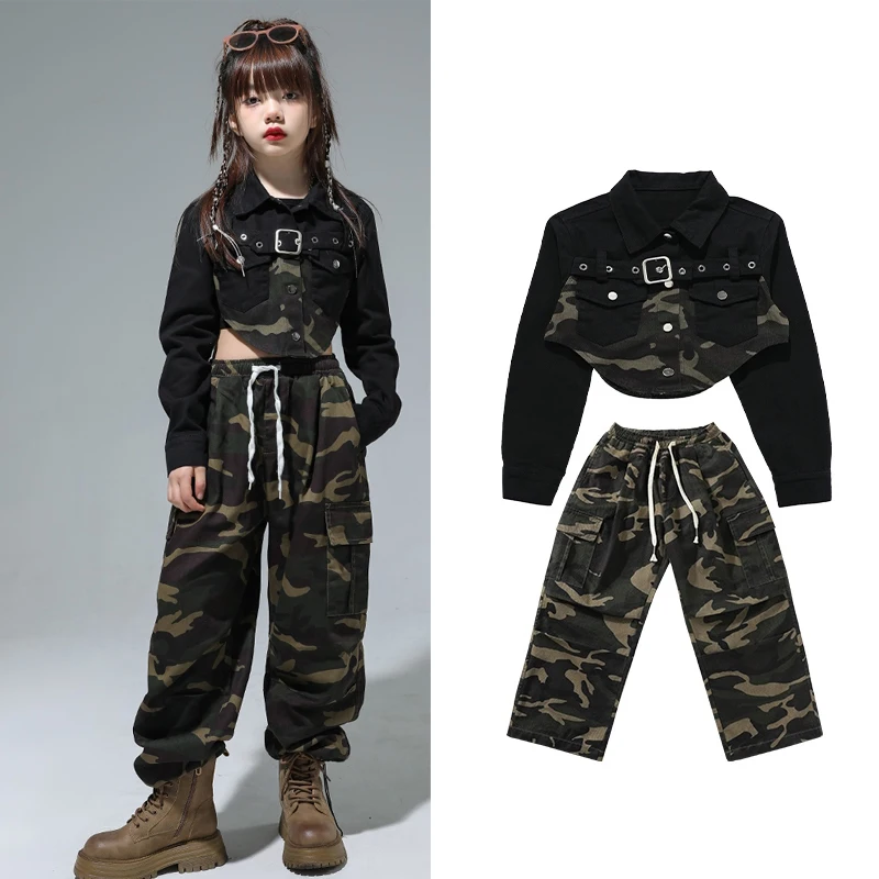 2023 Ballroom Hip Hop Dance Costumes For Kids Camouflage Loose Suit Girls Jazz Dance Performance Stage Rave Clothing DQS14997