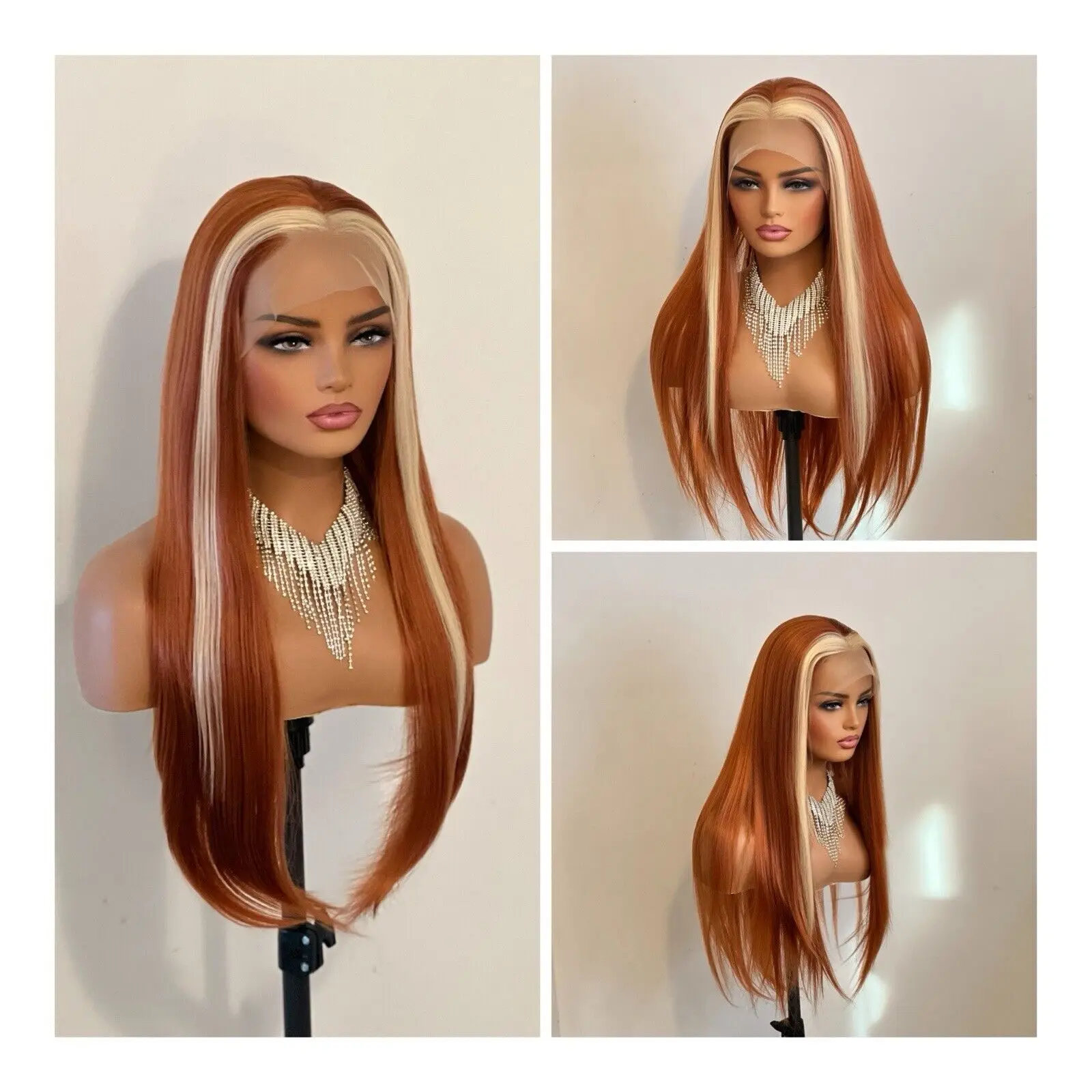 

Orange With Blonde Wig Long Straight Hair Lace Front Wig Glueles