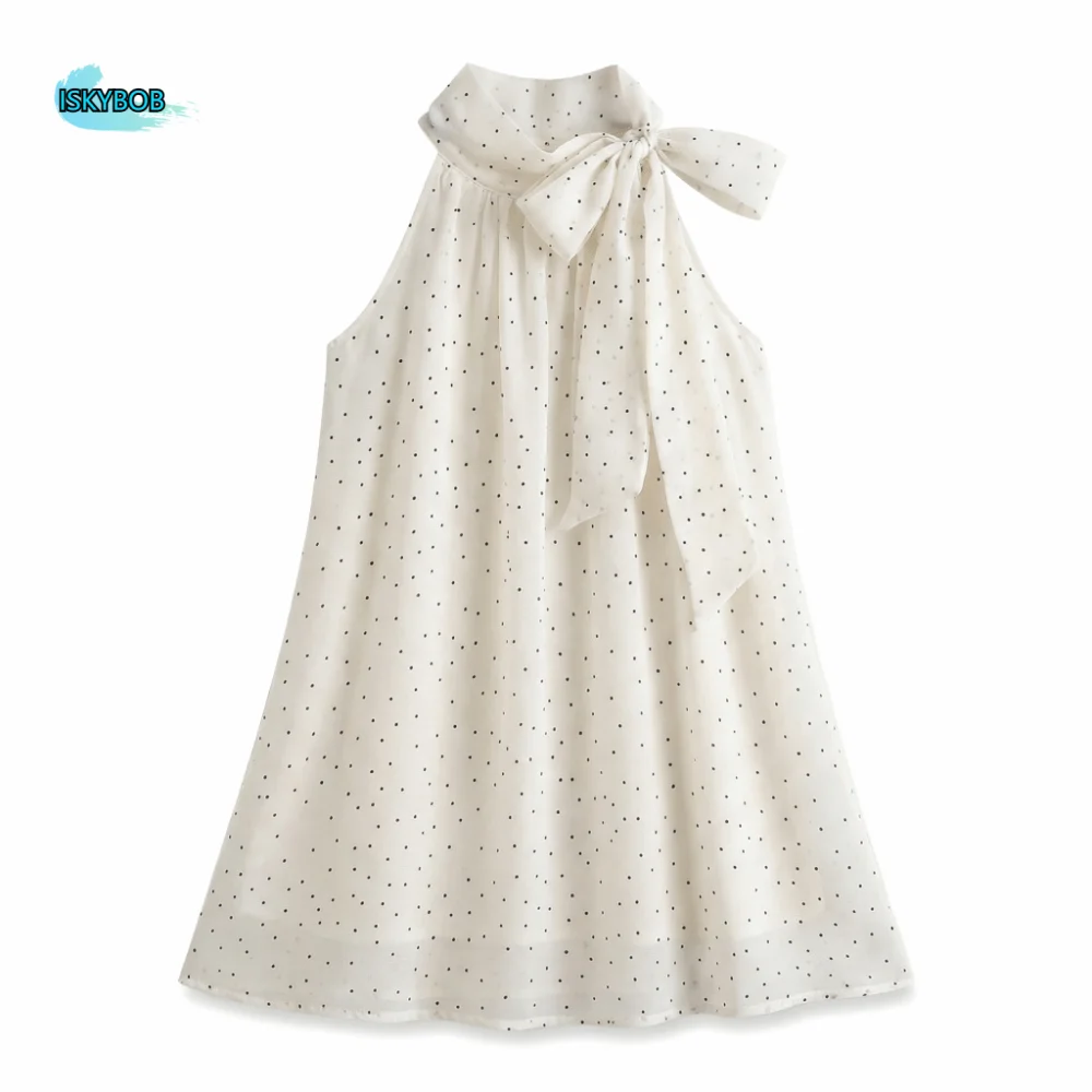 

Korean Style Bow Polka Dot Shirt Gentle Retro Women's Puff Shirt Y2k French Style Hanging Neck Sleeveless Top Lady