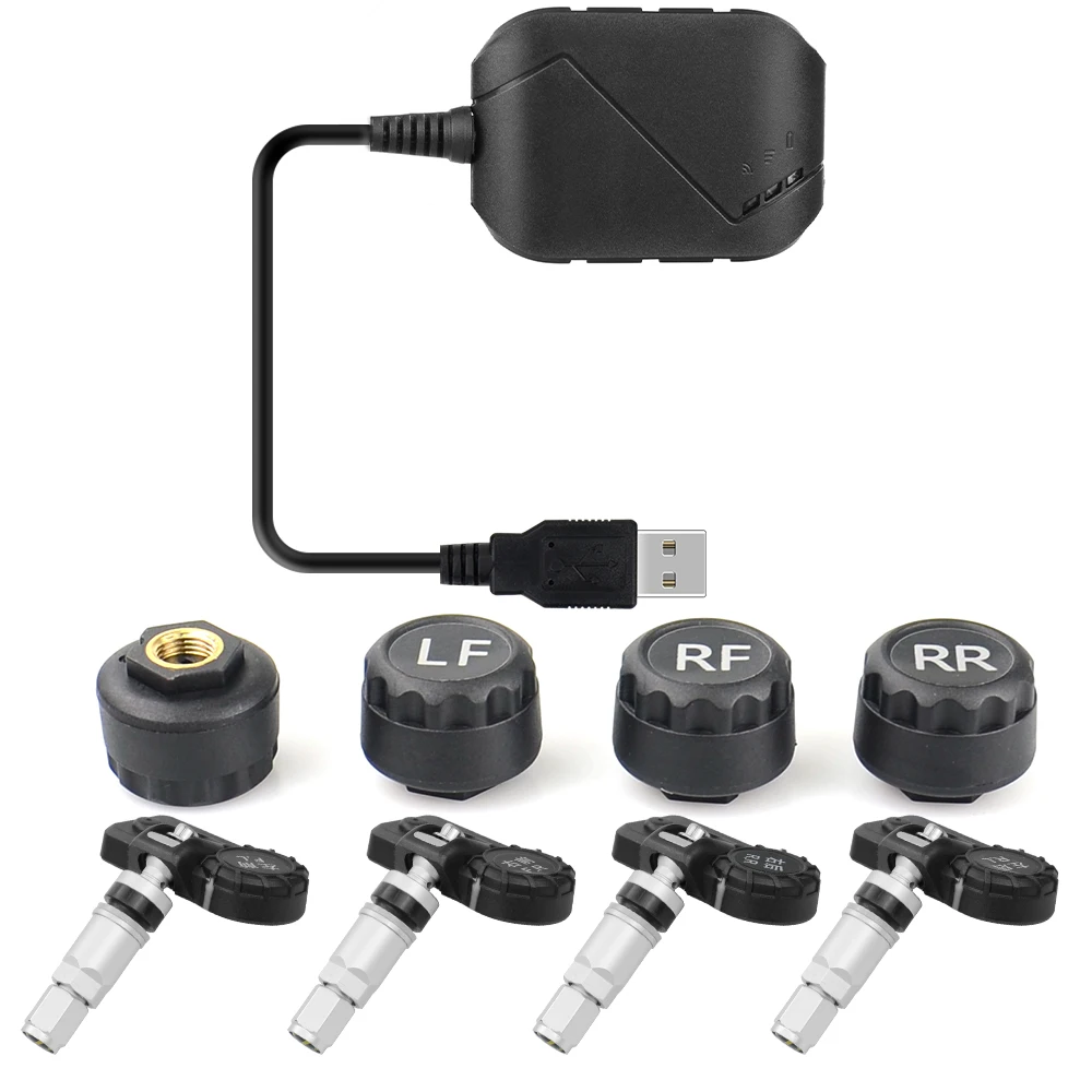 USB Android TPMS Car Tire Pressure with 4 External Sensors 116 psi Monitoring Alarm System 5V Wireless Transmission TPMS
