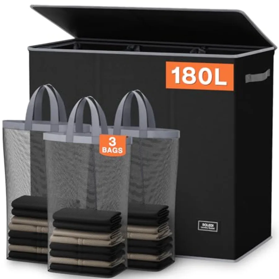 

Корзина для белья с 3 секциями, очень большая, с крышкой, для грязной одежды, с прочной ручкой, большая корзина для стирки, органайзер