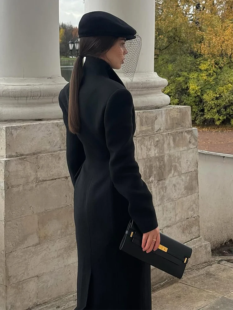 معطف صوفي نسائي أنيق أسود بزر واحد وياقة ثابتة معاطف طويلة ضيقة للسيدات لخريف وشتاء 2025 ملابس خروج نسائية أنيقة جديدة