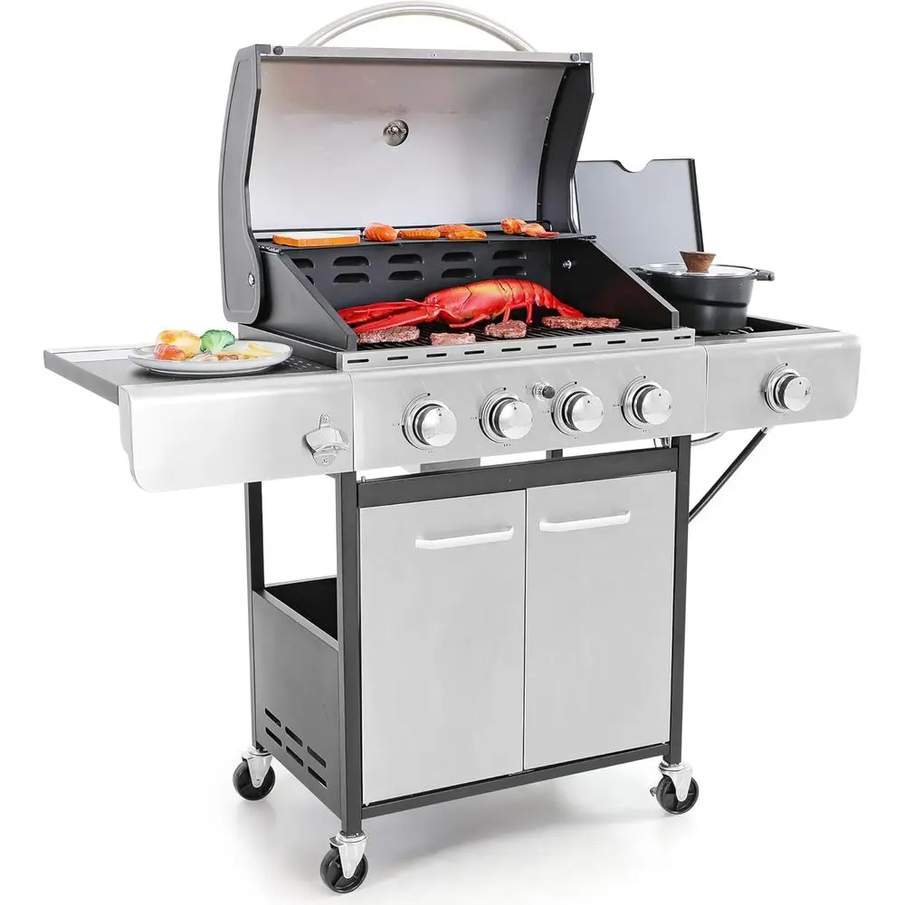 

4-Burner Propane BBQ Grill with Side Burner, Porcelain-Enamel Cast Iron Grates, 42,000 BTU Stainless Steel Cooking Station for O