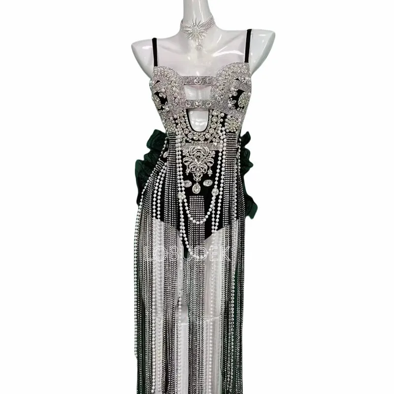 Luksusowy kombinezon z dżetami, koralikami i frędzlami, strój sceniczny na imprezę urodzinową w klubie nocnym, dla piosenkarki, tancerki, seksowny kostium do występów.