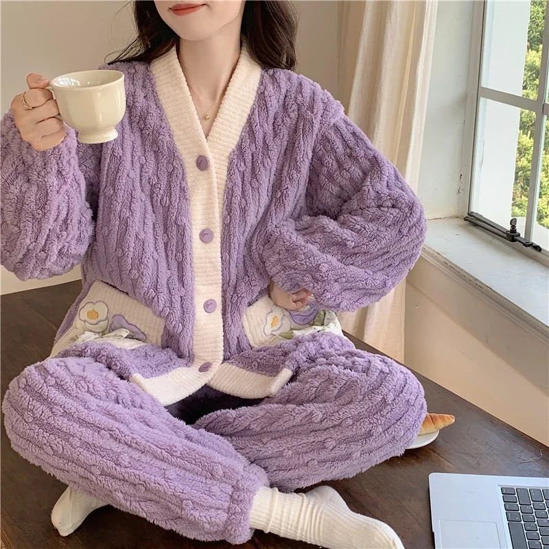 V-neck Coral Fleece Pajama Sets Women Flower Design Sweet Warm Sleepwear Home Casual Girls Plus Velvet Thicker Aesthetic Winter