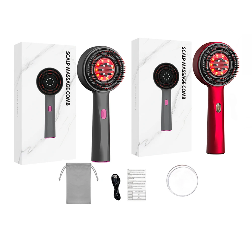 

Электрическая массажная расческа, терапия красным светом, вибрационная щетка для кожи головы, питательный рост волос, 3 модели, 6 мл, резервуар, 8 роликов, шарики, зарядка через USB