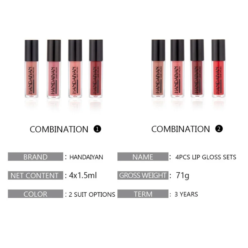 HANDAIYAN 4피스 스틱 립글로스 세트 벨벳 리퀴드 립스틱 세트 방수 매트 글로스 마감 립 색조 부드러운 립 메이크업