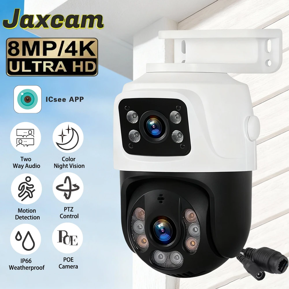 Dual Lens 8MP HD POE PTZ Security Camera 360° Pan Tilt Dual Screen Wired IP Cam ICsee Remote View Motion Alert Home Outdoor Surv