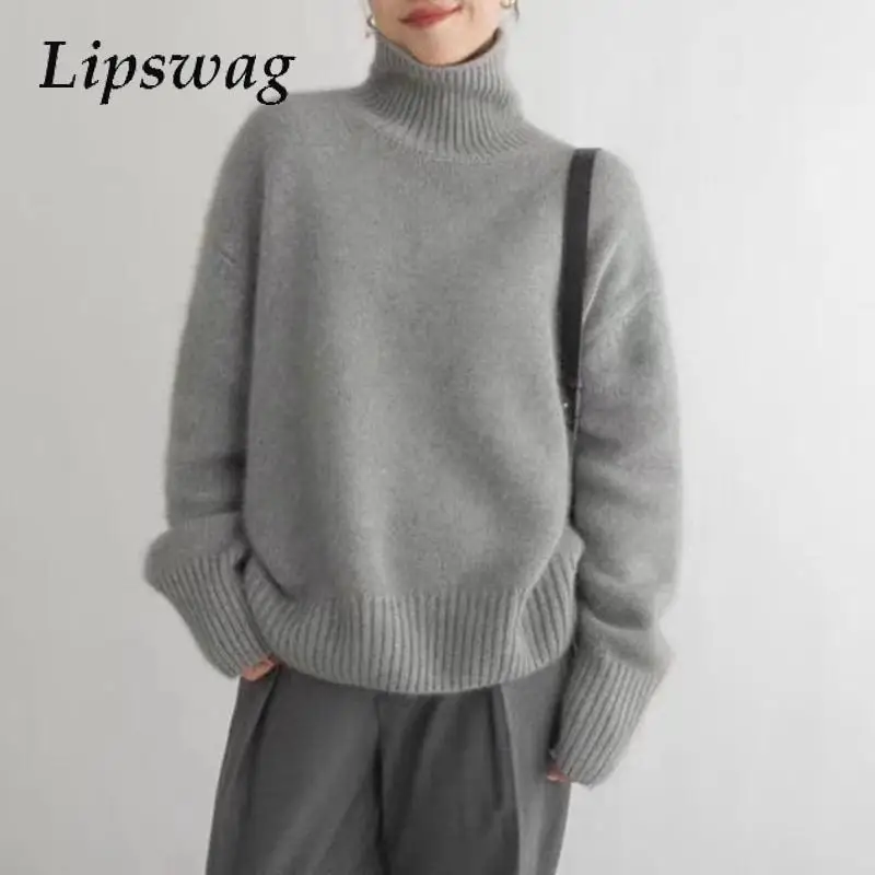 Soft Wool Warm Turtleneck Sweater Women Solid Color Furry Long Sleeve Loose Knitted Pullover Office Stitching Women's Jumpers