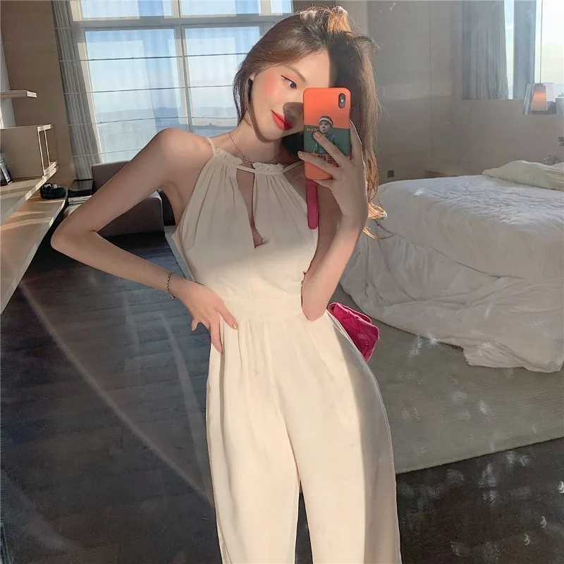 White Open Back Jumpsuit Ladies Thin Casual Pants Women Summer 2023 New High Waist Wide Leg Pants Clothes Jumpsuit Women Fashion