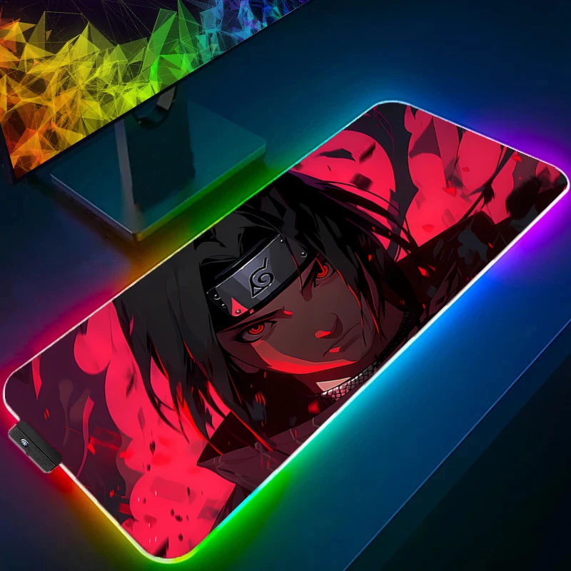 Anime NARUTO Uchiha Sasuke RGB Pad Mouse Backlight HD Print Computer Gamer Locking Edge LED Mousepad XXL Keyboard PC Mice Mats