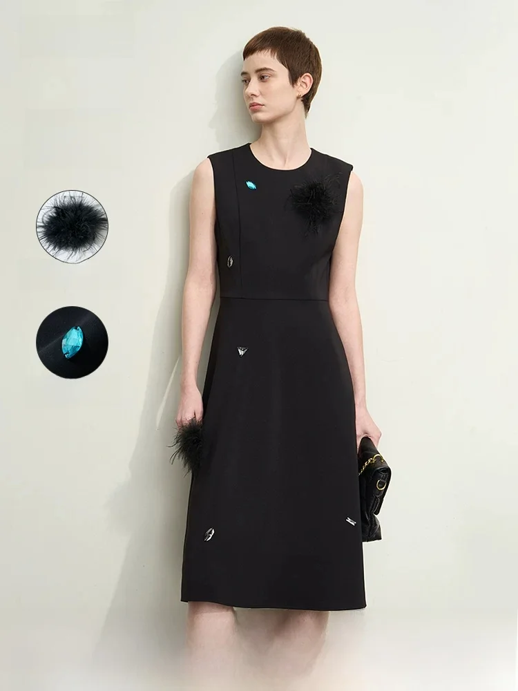

Spring New round Neck Sleeveless Detachable Feathers Buttoned Diamond Women's Dress Waist Cinched Little Black Dress
