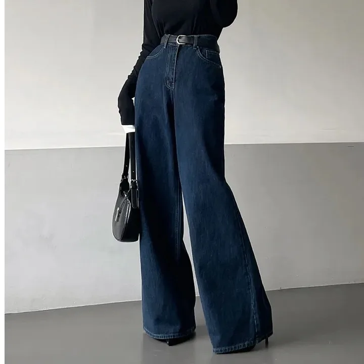

2026 New Chic High Waist Wide Leg Jeans Loose Slimming Straight Cut for Pear Shaped Body Deep Blue Long Pants Korean Style
