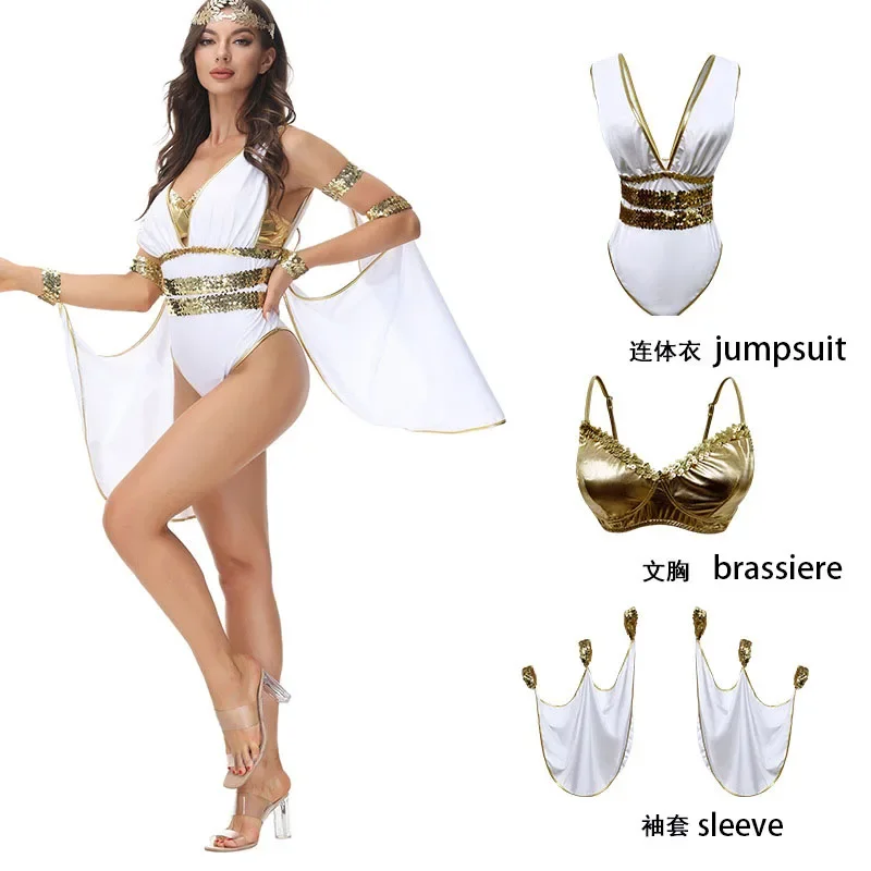 

2026 Greek Goddess Costume Jumpsuit Gold Corset with White Sleeves Greek Suit Athena Goddess Fairy Dress