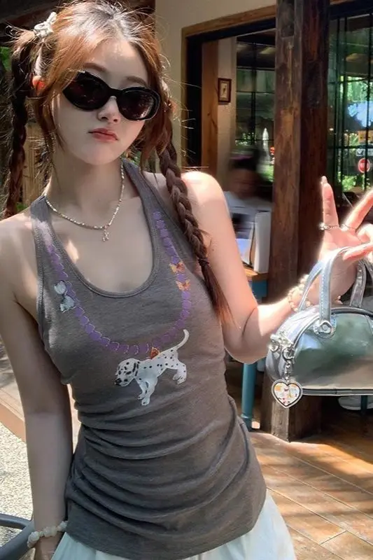 2026 Fashion Dog Print Camisole Top Women Summer Fashion Outerwear Hanging Neck Vest American Retro Spicy Girl Outfits