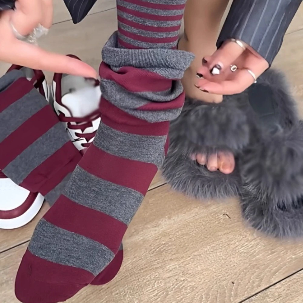 

Женские многослойные носки в полоску Y2K, двухцветные носки из двух частей, дизайнерские носки с напуском, повседневные корейские уличные носки средней длины