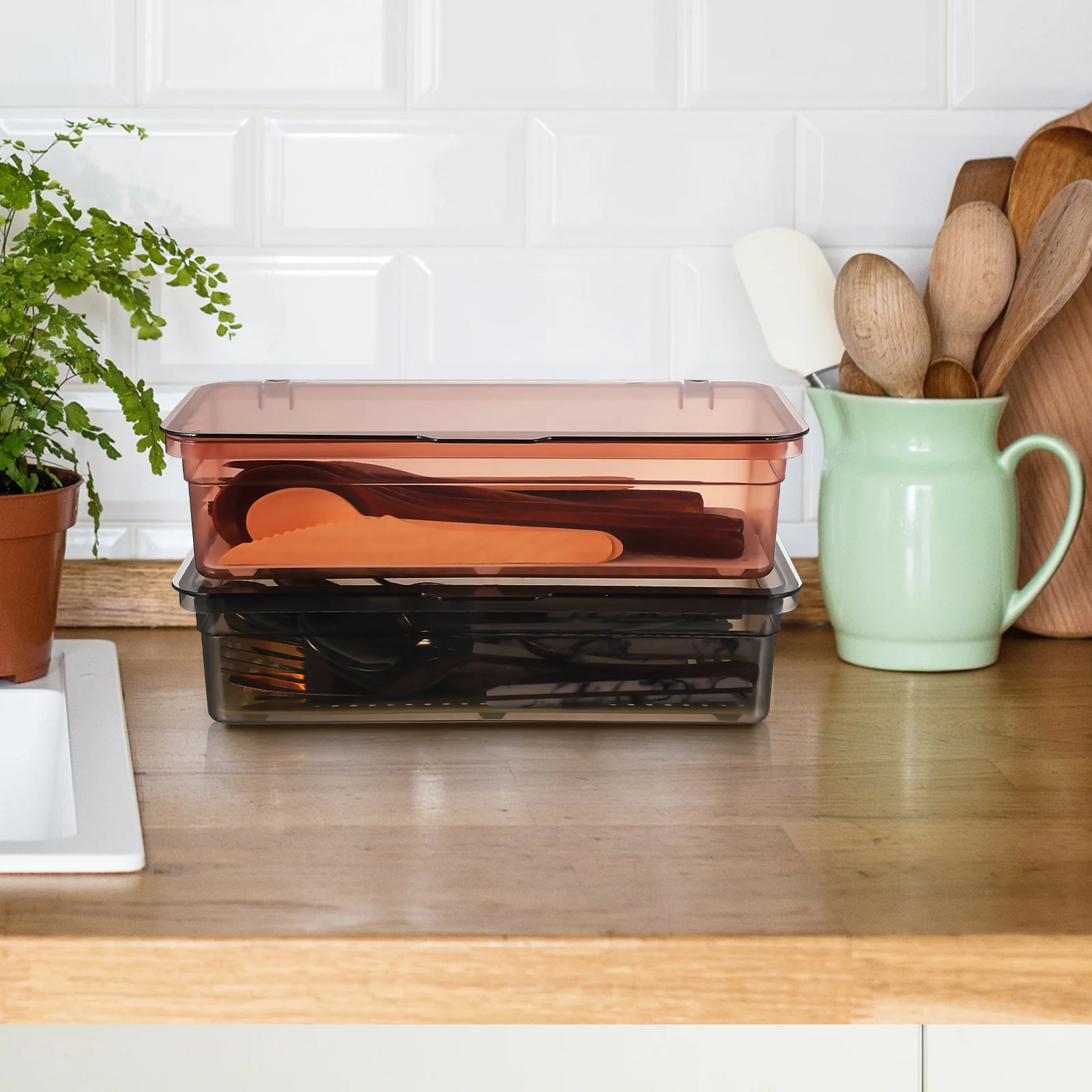 2 قطعة منظم أدوات بلاستيكية مع لوحة تصريف صندوق تخزين الفضيات للمطبخ كونترتوب أدوات المائدة حاوية صينية المنزلية #3