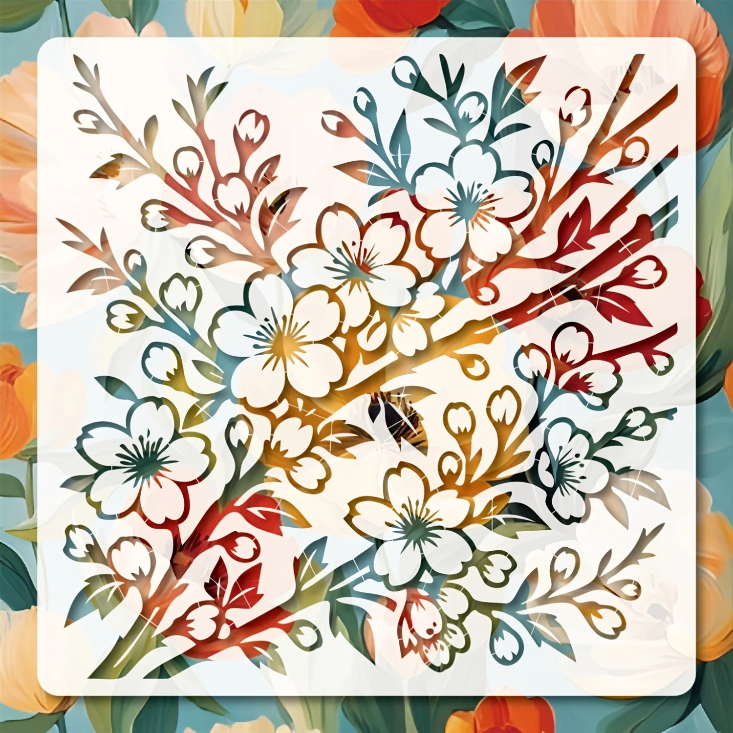 A Reusable, Washable Floral Stencil Template Featuring Cherry Blossom Branches, Measuring 11.8 by 11.8 Inches, Suitable for Deco