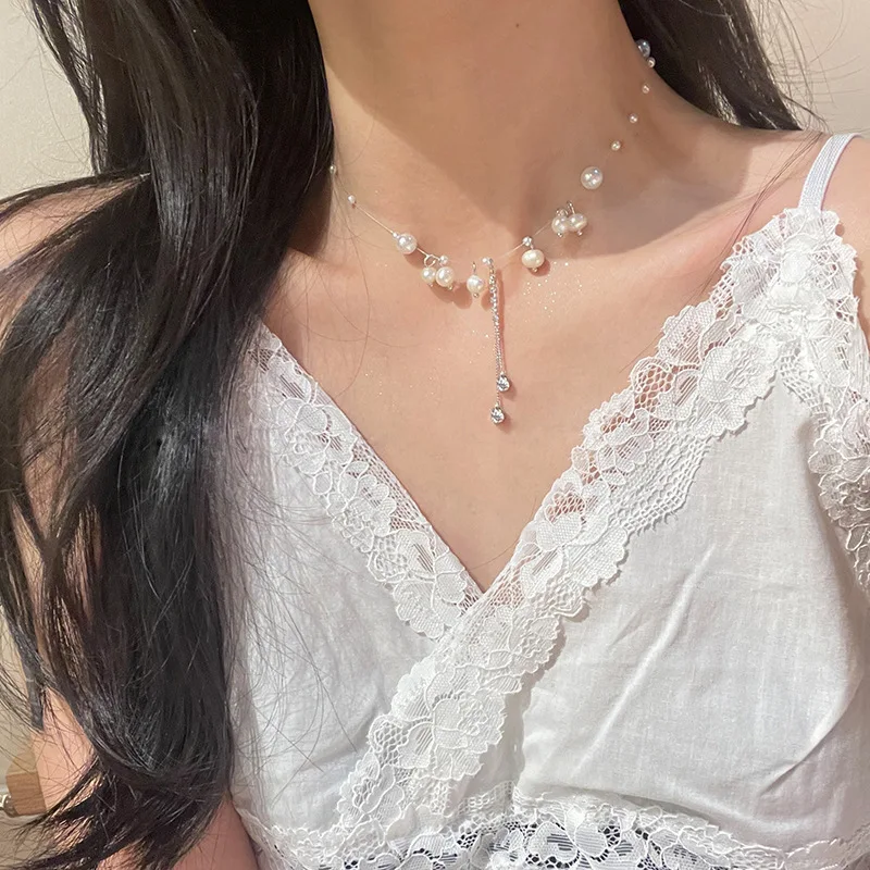 

New Elegant Water Drop Tassel Imitation Pearl Necklace for Women Simple Exquisite Collarbone Chain Fashion Accessories Jewelry