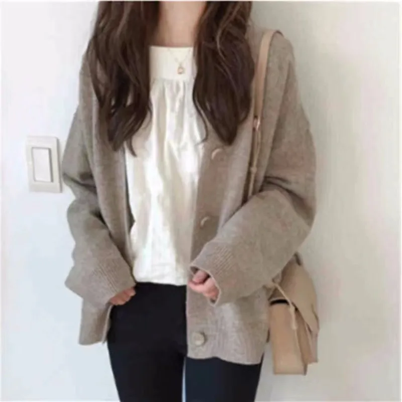 

Autumn Elegant Loose Solid Color Knitted Cardigan Casual V-neck Long Sleeved Single Breasted Sweater Sweet Knitted Jacket