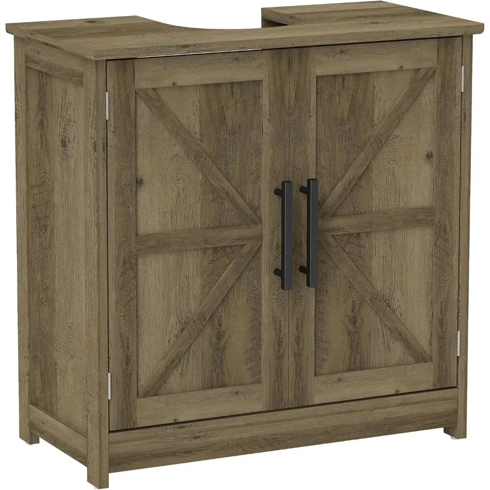 

Pedestal Sink Storage Cabinet, Farmhouse Freestanding Bathroom Sink Cabinet with 2 Barn Doors and Adjustable Shelf, Distr