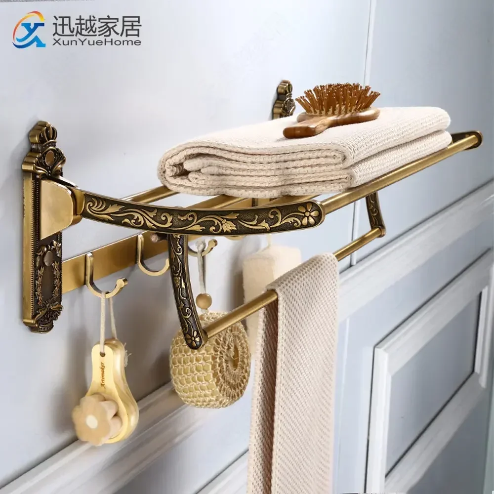 

Towel Rack Foldable Movable Bath Holder Antique Gold Aluminum Storage Double Bar Active Cloth Shelf With Hook Bathroom Accessory