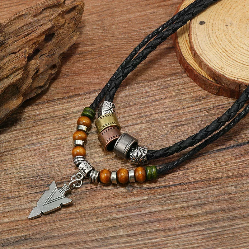 Stacked Artificial Leather Rope Beaded Necklace Men Vintage Layered Tribal Arrow Pendant Necklace For Men Jewelry Collar Chain