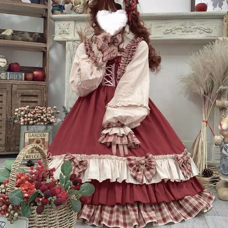 plus Size 300 Pounds Lolita Dress Long Sleeve Red Hat Hooded Princess Style Polyester Fabric Low Stretch Daily Wear Ladies Dress