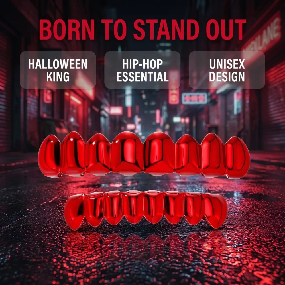 1Pcs/Set Glossy Finish Red Mirror Hip Hop Grillz Set Halloween Jewelry Shiny 8 Teeth Top Bottom Grills Eco-friendly Copper Punk