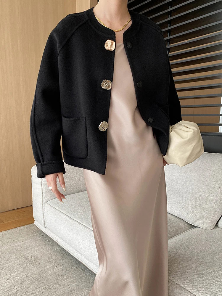 [LANMREM] Office Lady Wool Coat For Womrn Round Neck Single Breasted Long Sleeve Fit Loose Jackets 2024 Autumn New 26C186