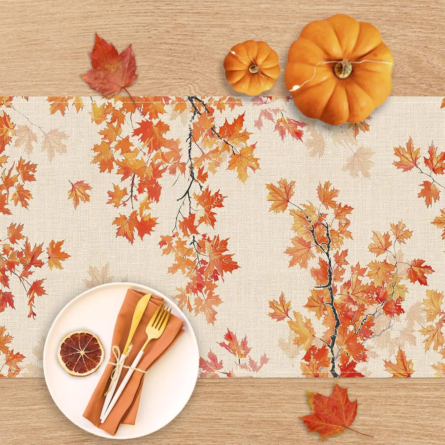 فروع حصاد الخريف أوراق القيقب الكتان الجدول عداء ديكور الحفلات مزرعة المطبخ طاولة طعام عداء زينة عيد الشكر #4