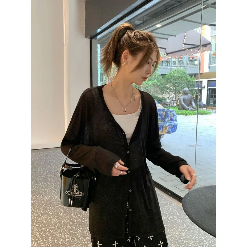 Long Sleeve Shirt Cardigan Women Thin Jacket Tops Sun Protection Clothing V-neck Sweater Buttons Korean Fashion Tops Black Gray