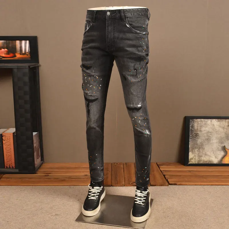 High Street Fashion Men Jeans Retro Black Gray Stretch Slim Fit Ripped Jeans Men Painted Designer Hip Hop Vintage Denim Pants